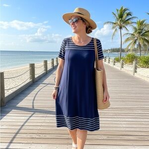 Denim & Co. Navy Nautical Striped A-Line Knit Dress - Size M